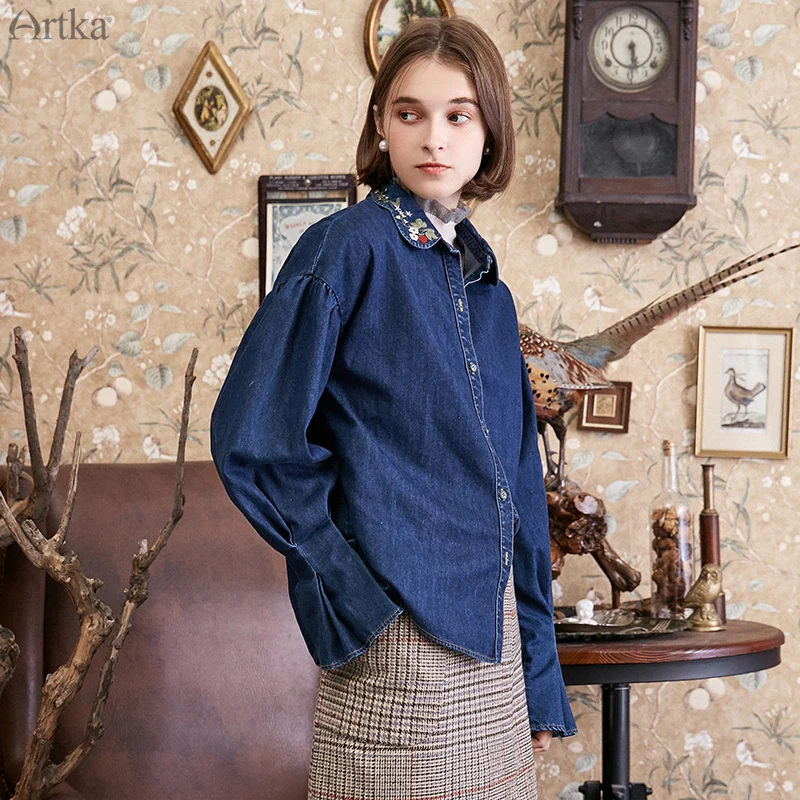 Женская джинсовая рубашка с вышивкой ARTKA винтажная блузка рукавами фонариками
