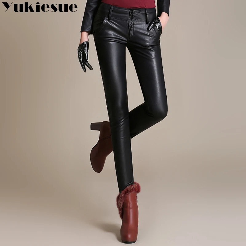 Женские брюки из искусственной кожи с высокой талией 2018 зимние теплые флисовые