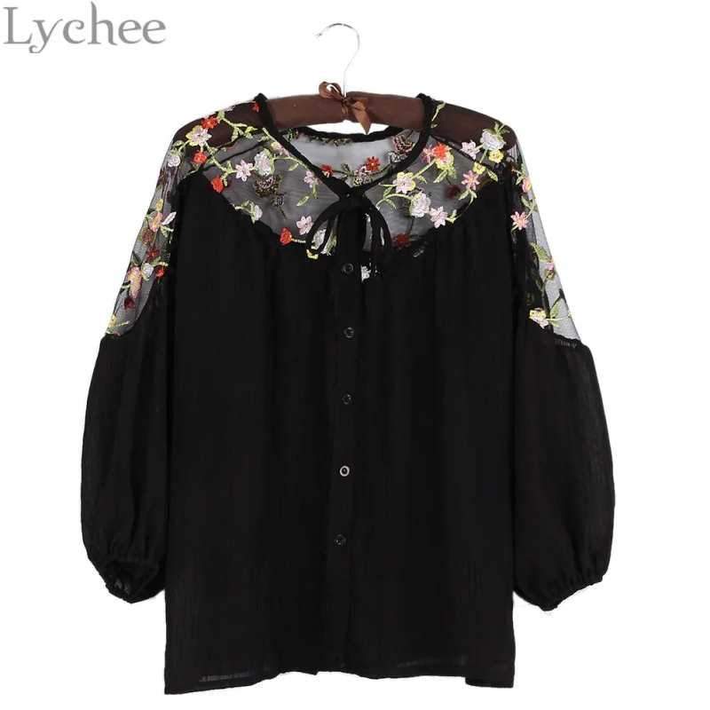 Женская шифоновая блузка с цветочной вышивкой и рукавами фонариками|chiffon shirt