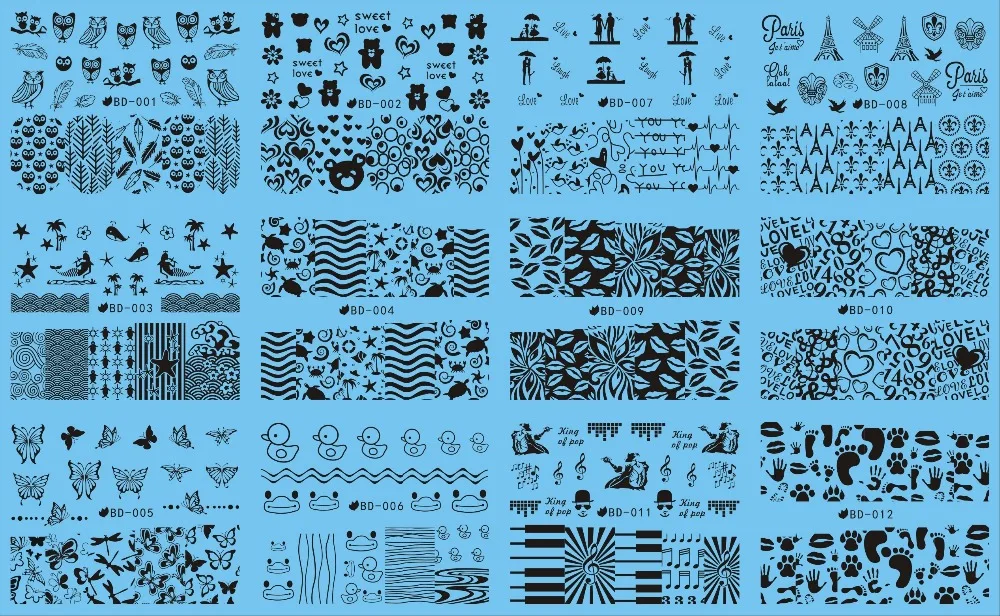 12 упаковок/партия переводная наклейка для ногтей Наклейка черная сова поцелуй