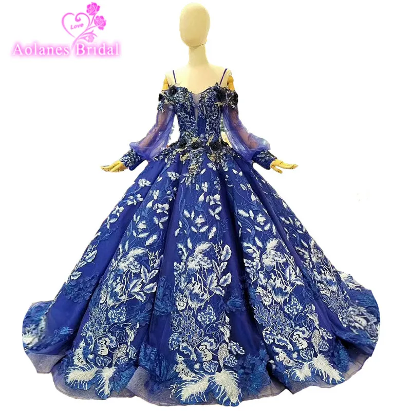 AOLANES 2018 New Blue Lace Appliques Court Train Evening Dresses Ball Gown Long SLeeves Floor-length Illusion Party Prom Dress | Свадьбы и