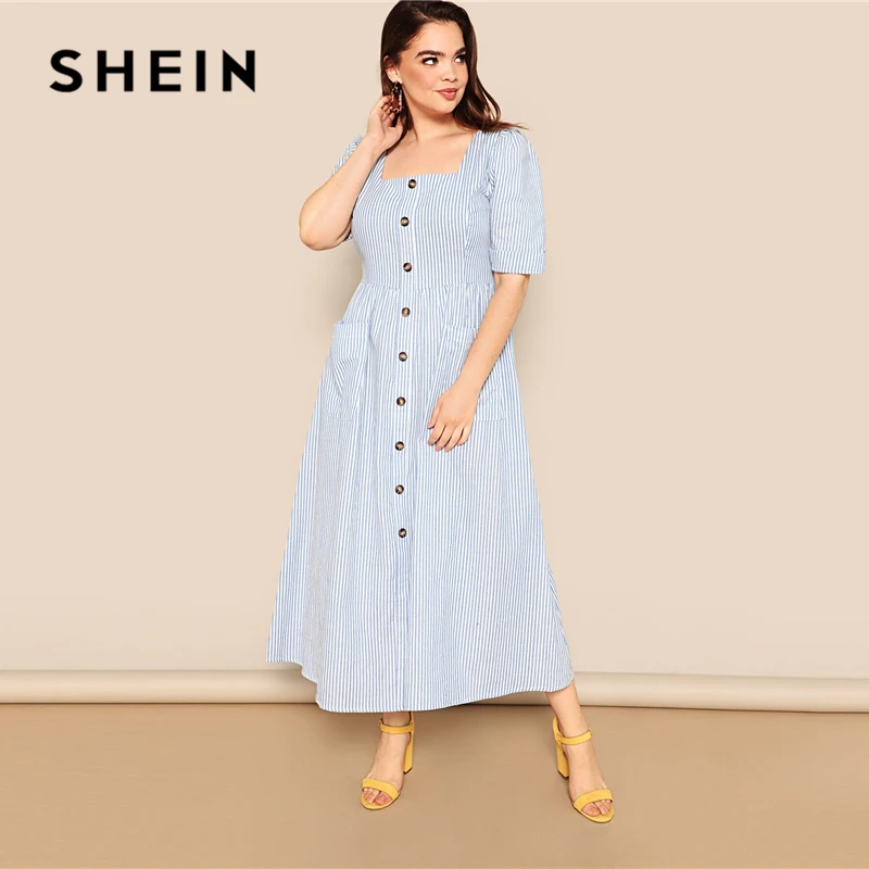 SHEIN, платье размера плюс, синее, с карманом, с заплатками, на пуговицах, в полоску, с карманом,, женское летнее повседневное Цельнокройное расклешенное платье с квадратным вырезом