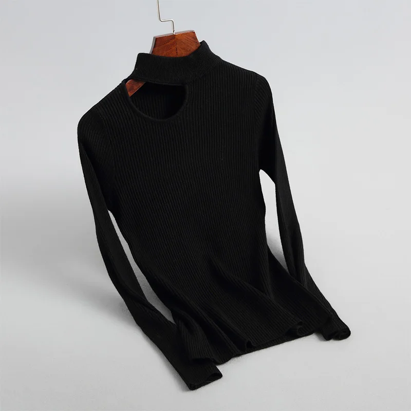 2019 spring casual solid color sweater female high collar Slim long-sleeved exposed collarbone | Женская одежда