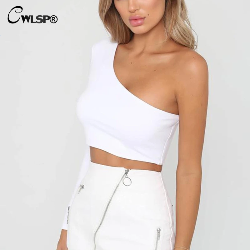 

CWLSP One Shoulder Tops Moadl Autumn Short t shirt Women Casual Cropped Lady Solid Skinny Basic Tee camiseta feminina QL4027