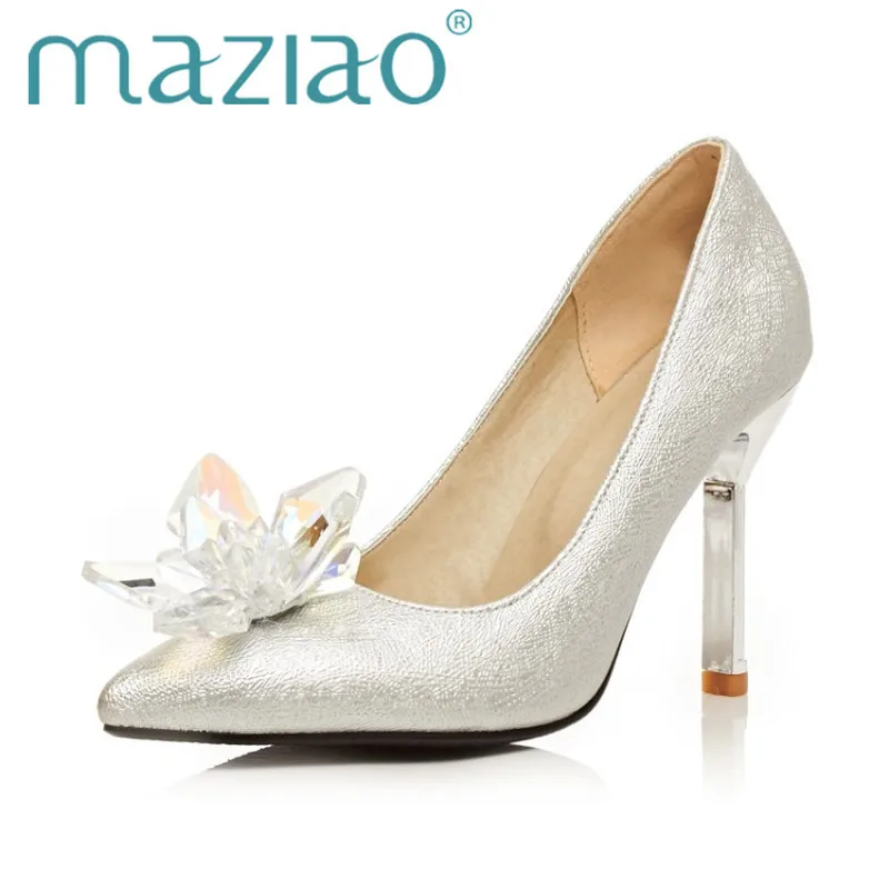 MAZIAO New Women Fashion Elegant Crystal Wedding Thin High Heels Pumps Pointed toe Rhinestone Silver Ladies OL Girl Party Shoes | Обувь