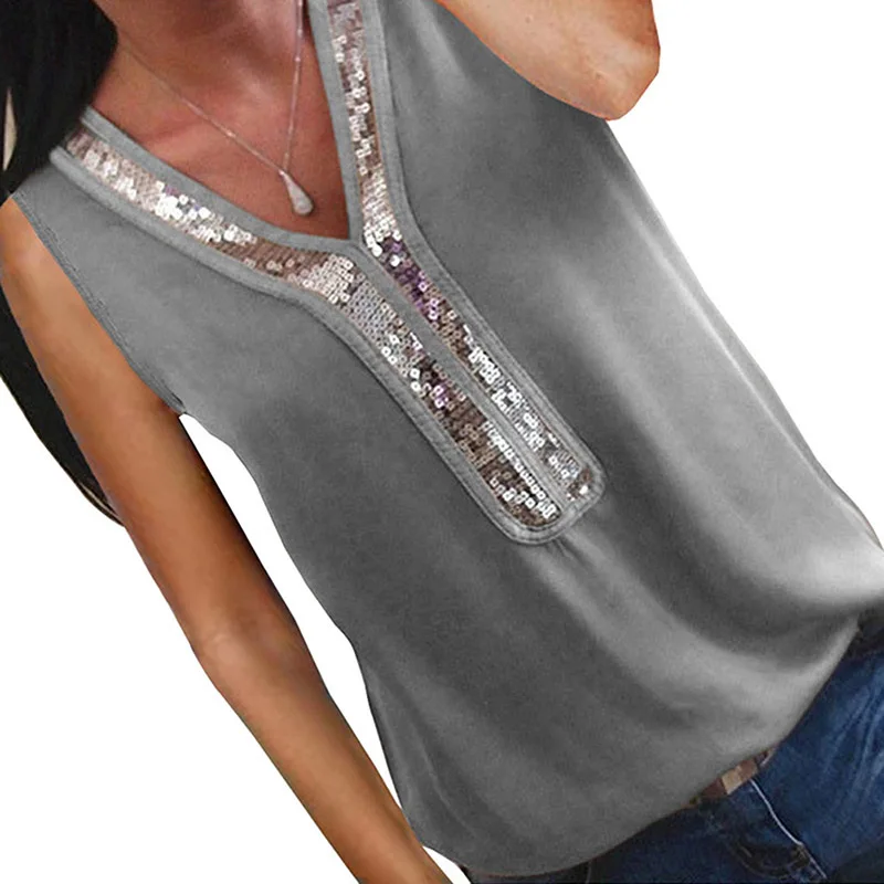Женские топы без рукавов с v образным вырезом расшитые блестками футболки