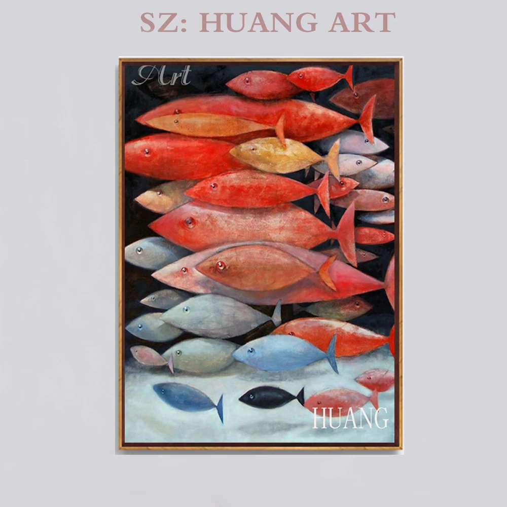 

Expert Artist Hand-painted High Quality Wall Art Fishes Oil Painting Hand-painted Lots of Fish Oil Painting for Living Room