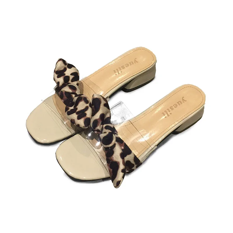 Летние женские прозрачные тапочки с леопардовым принтом на Высоком толстом