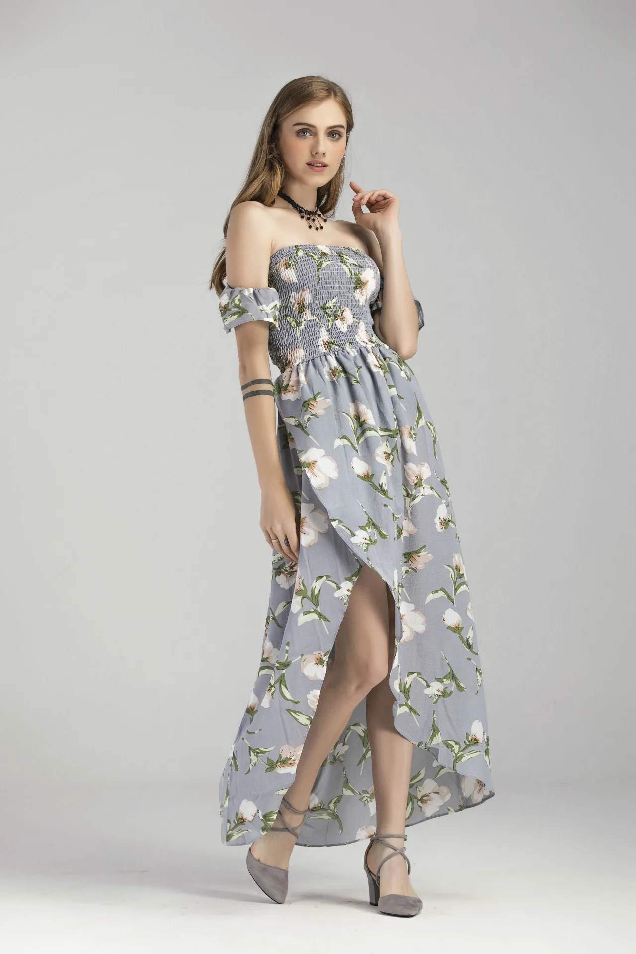 Взрывные Модели 2018 весной и летом праздник стиль off-the-shoulder dress Печать