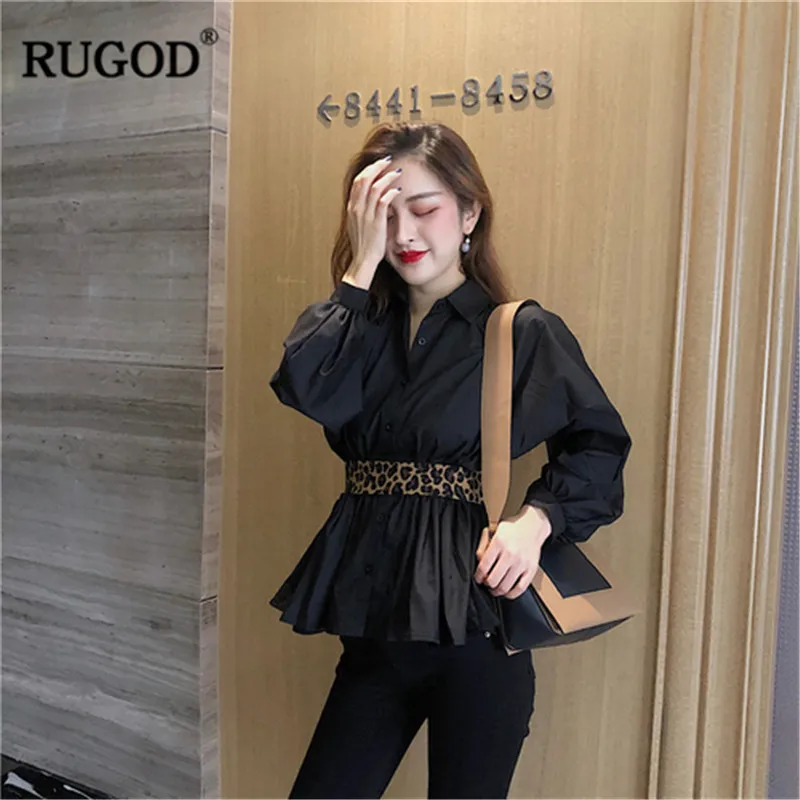 Женская офисная блузка RUGOD белая однотонная с рукавами-фонариками и леопардовым