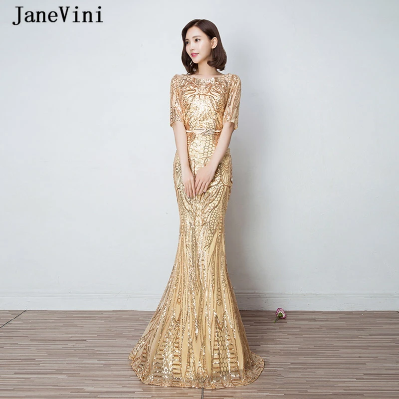 

JaneVini Sparkle Sequined Gold Mermaid Formal Evening Dresses 2019 Scoop Neck Half Sleeves Sexy Long Party Gowns Robe De Soiree