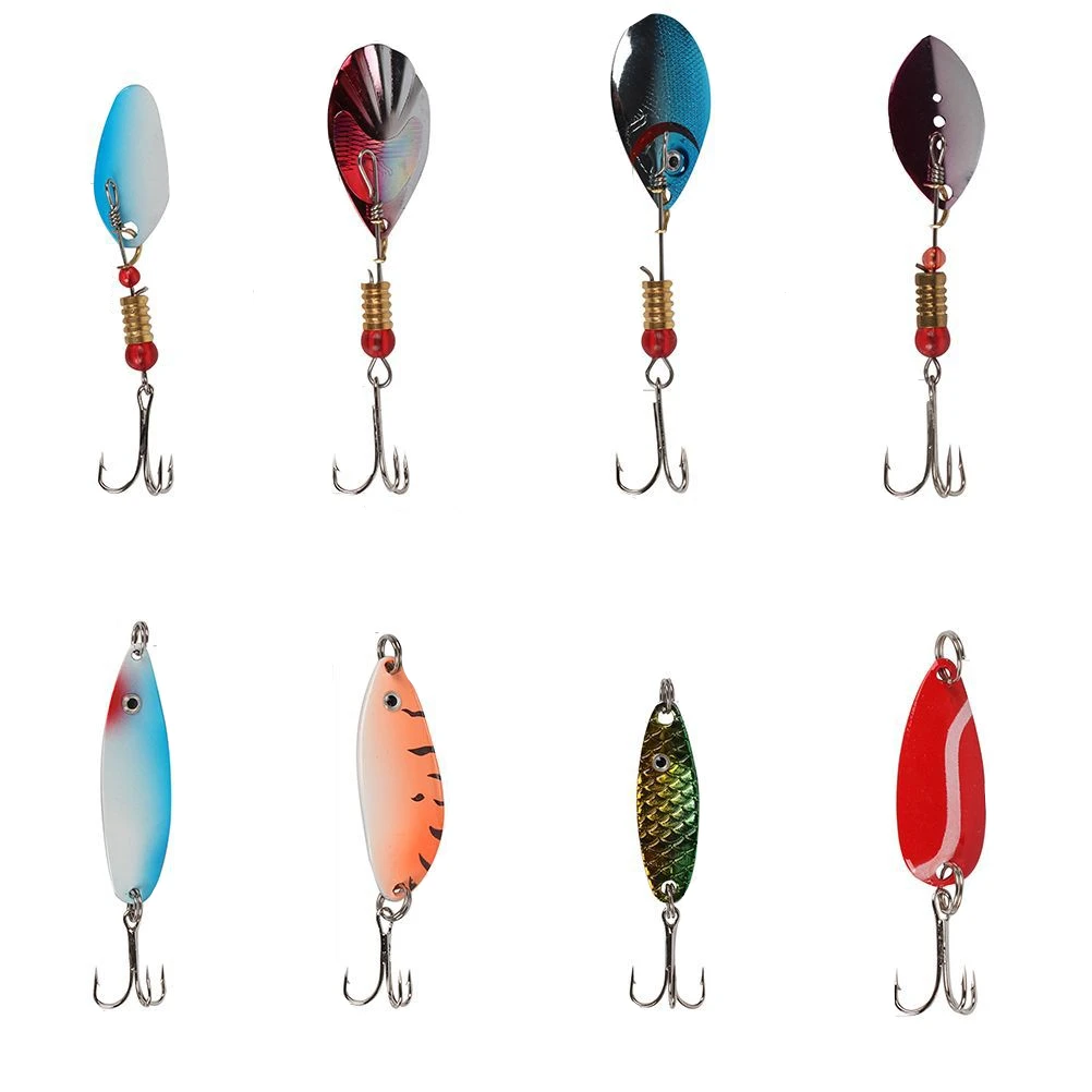 

30pcs/lot Metal Spinnerbait Spoon Fishing Lure Colorful Pattern Catfish Bass Lures Hard Spinner Bait with Treble Hooks
