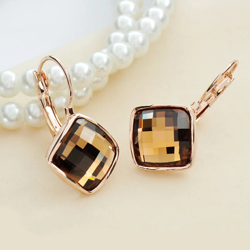 Women's Gift: Square Crystal Earrings in Rose Gold with Brown, Blue, Green, Purple, and Red Geometry by MOONROCY image 3