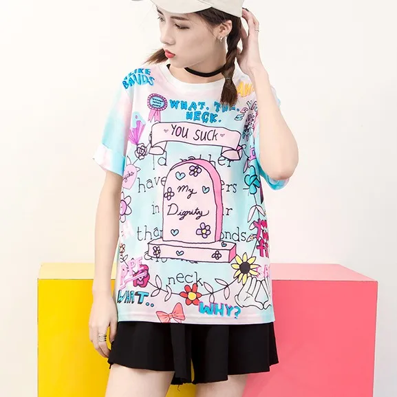 2019 женские футболки Харадзюку градиентный надгробный камень мягкая короткая