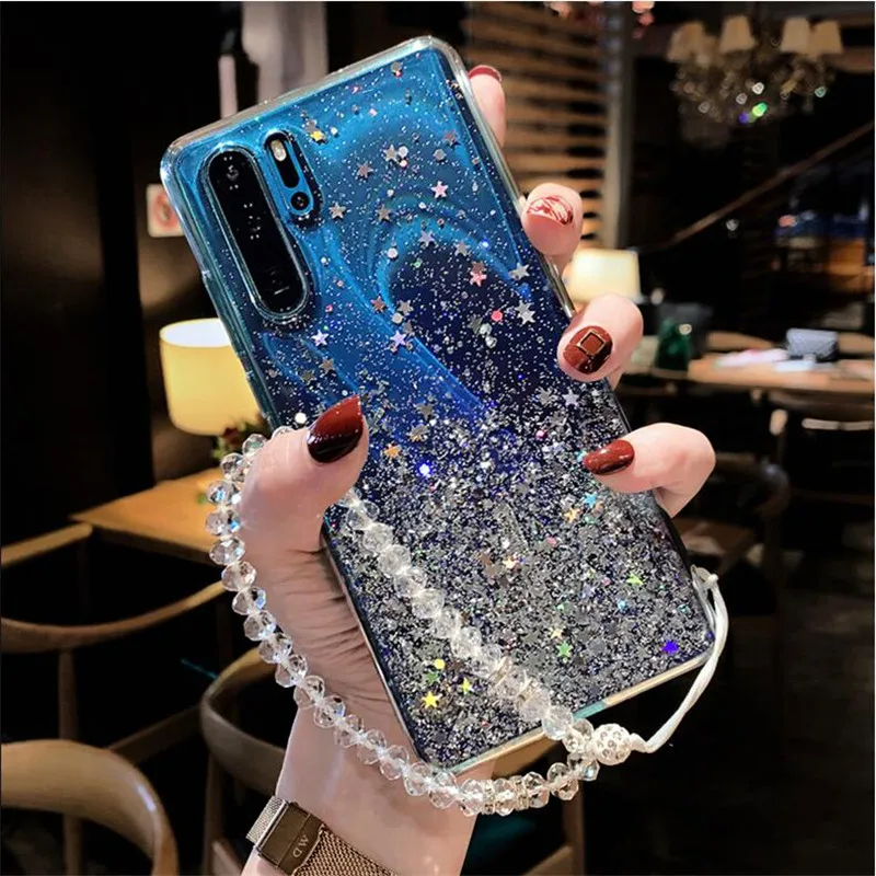 Sequins Glitter Bling Phone Case For Huawei P30 Pro P20 Lite Mate 20 10 Honor 9 Soft Clear Cases With Pearl Lanyard |