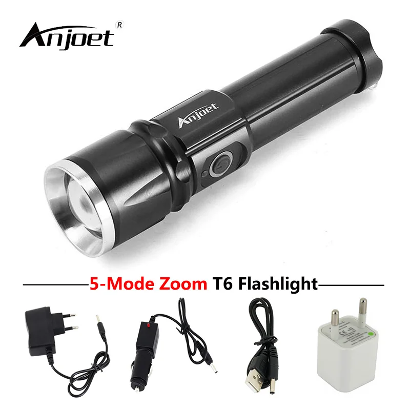 

ANJOET Travel flashlight 5 Modes XML-T6 LED Zoom Torch Rechargeable flash Lamp Outdoor adventure camping Charger + USB Adapter