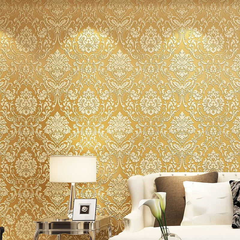 

Thick gold 3D non-woven wallpaper European three-dimensional relief wallpaper Bedroom living room TV background wall sticker