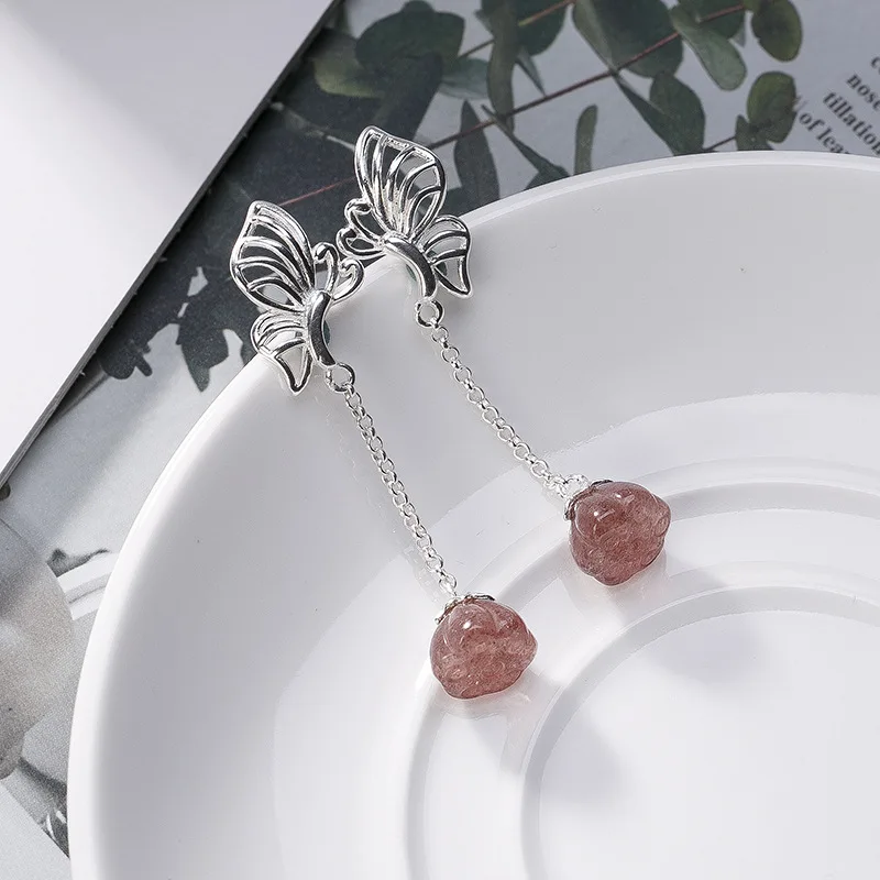 

Crystal 925 Sterling Silver Drop Earrings For Women Elegance Beauty StrawBerry Quartz Gemstone Earrings Fine Jewelry Wholesale