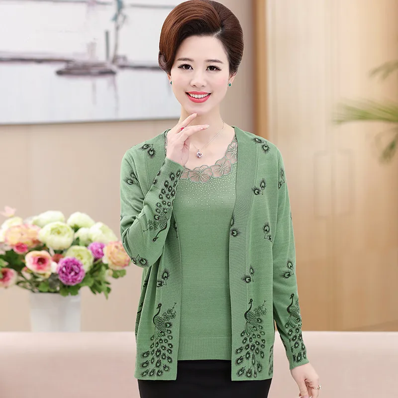 2018 Spring And Autumn Long Sleeved Cardigan blusa tricot Peacock Pattern Two Piece Set Loose Plus Size S-XXXL Cashmere Sweater |