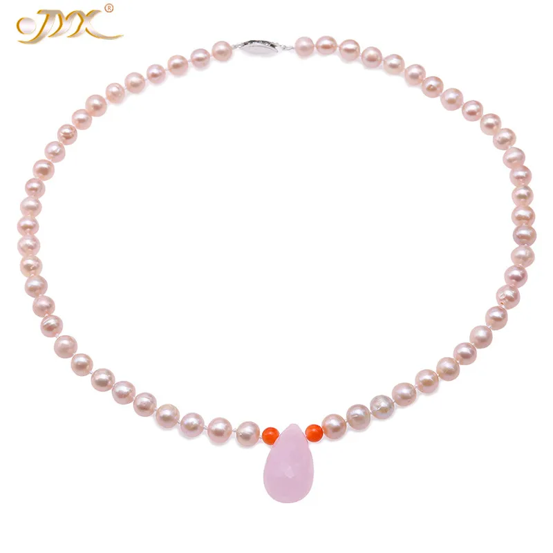 JYX 2019 Lovely Heart quartz pearl necklace 6.5-7.5mm lavender Freshwater Pearl Necklace with pink crystal 18&quot Mother⟚y gift |