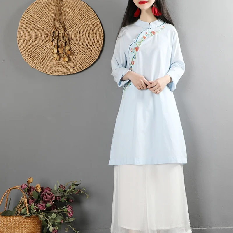 Китайский Чонсам Топы для женщин Ретро винтажная длинная рубашка чайное