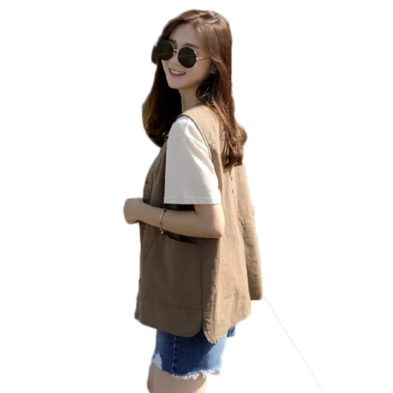 Женский жилет из хлопка и льна повседневный с V образным вырезом модель f798