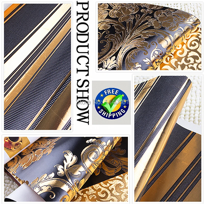 Обои из золотой фольги с рисунком в полоску черные и фотообои рулоне для гостиной