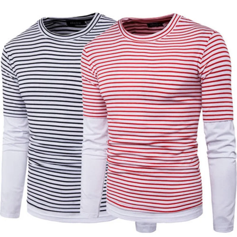 2018 мужские простые полосатые облегающие хлопковые топы с длинным рукавом