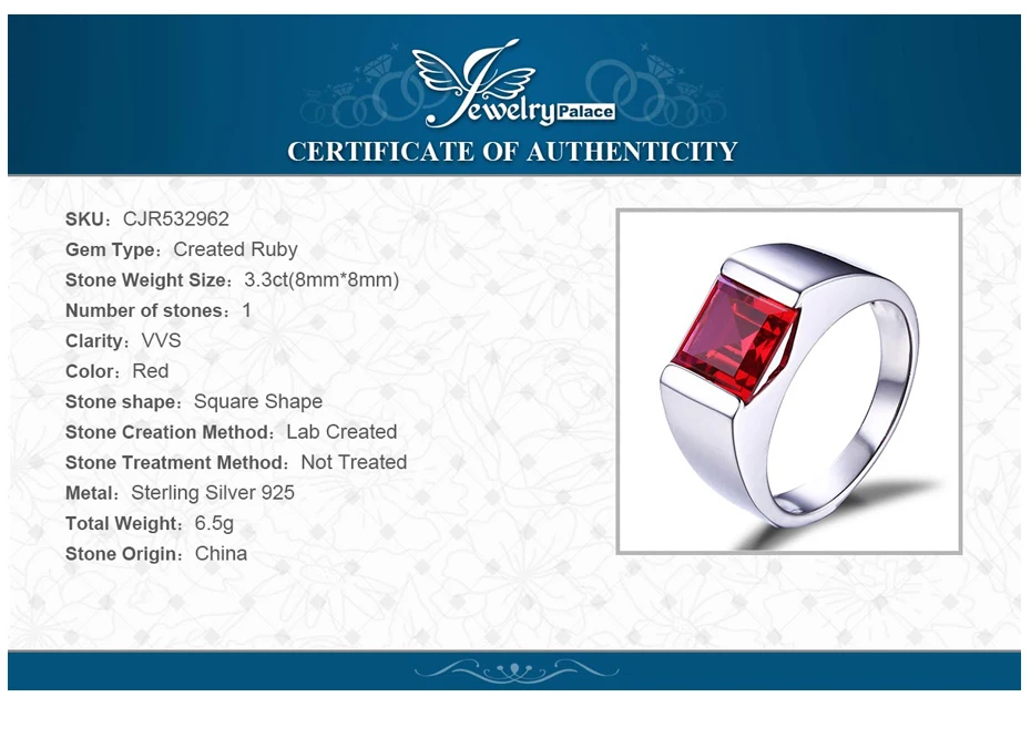 Jewelrypalace мужская Площадь 3.3ct Создано Красный Рубин 925 Щепка Обручальное Кольцо для