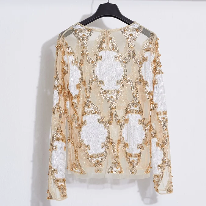 beige plus gold Лето осень подиум роскошные женские эффектные прозрачные сетчатые рубашки Топ с длинным рукавом блестки, бисер Алмазная Вышивка Блузка Mujer - Цвет: beige plus gold
