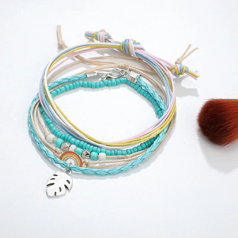 Boho красочные бусины ножной браслет для женщин 2019 лист Радуга зеленый бисер семян