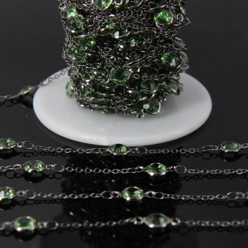 

6mm,Green Glass Crystal Faceted Coin Slab bead Link Chain,Gun black Plated Wire Wrapped Glass Round Slice Rosary Chains