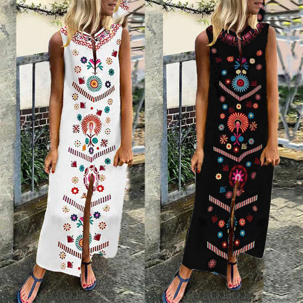 2019 Women Fashion Retro Boho Plus Size Summer Party Beach Clothing Floral Print Lady Split Sleeveless Kaftan Long Maxi Dress | Женская