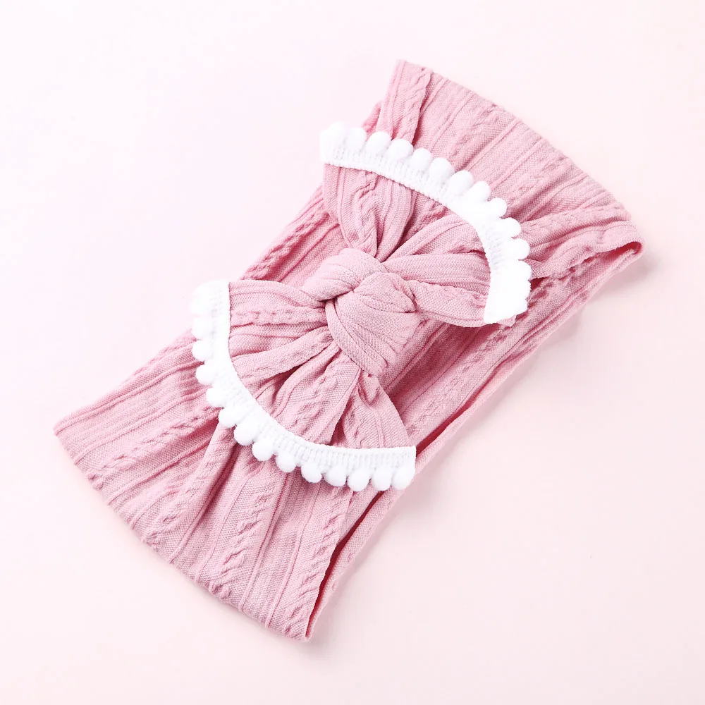 Pale pink Вязаный бант из нейлона, ободки с помпоном, широкие нейлоновые повязки на голову, подарок для девочек, аксессуары для волос - Цвет: Pale pink