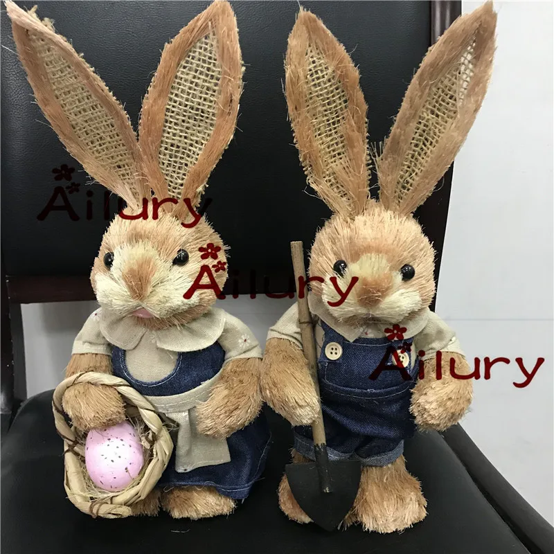 

33cm,cowboy Idyllic straw rabbits set,cool pair of rabbits,shop oranment,garden decorations,Easter gifts