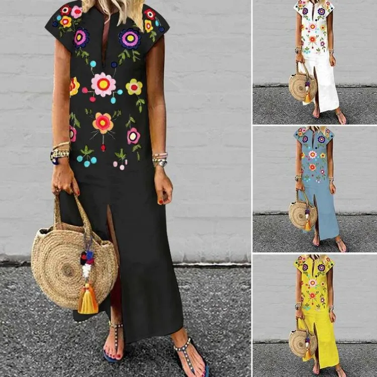 Женское летнее платье Стильное повседневное из хлопка и льна с v образным вырезом