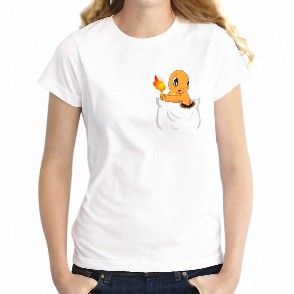 Женская футболка Pokemon Starters Pikachu Charmander Squirtle and Bulbasaur Pocket Tee Gamer Girl's Tee|Футболки| |