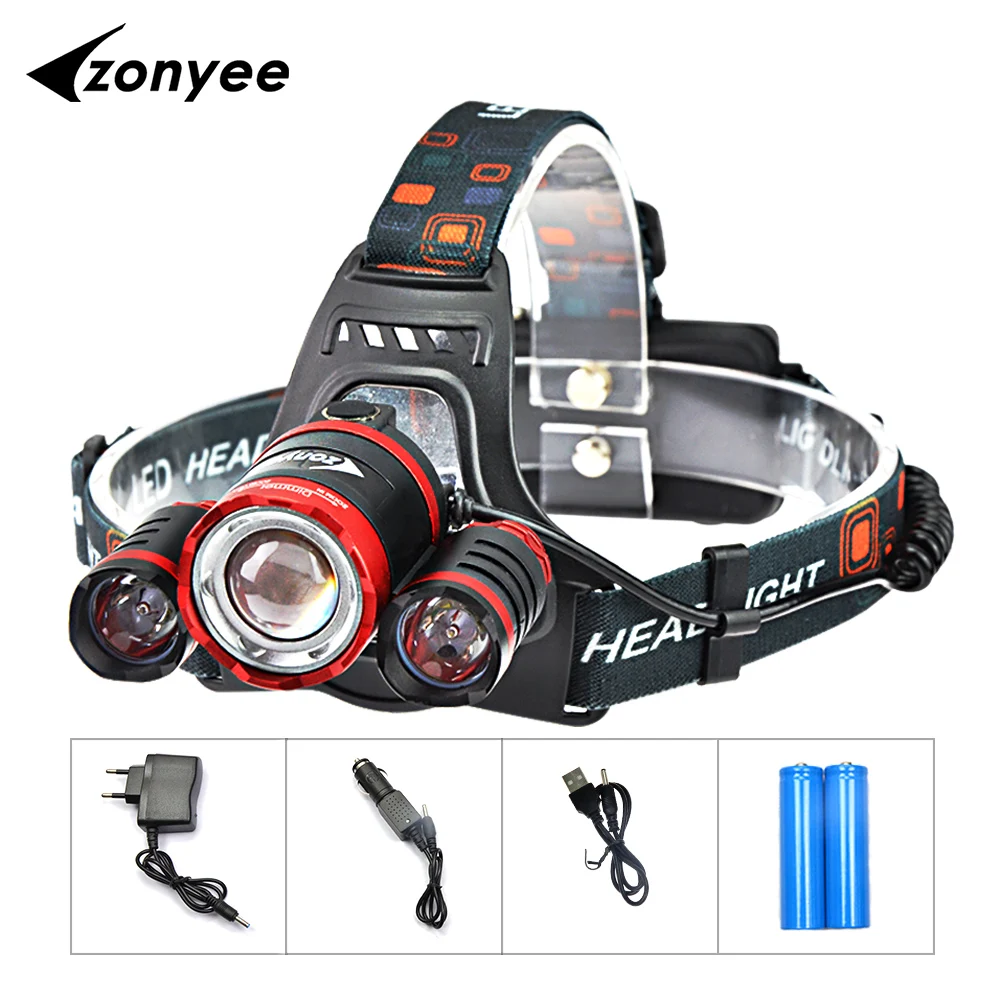 Zonyee светодиодный налобный фонарь 3T6 с перезаряжаемой головкой 10000LM CREE 4 режима +