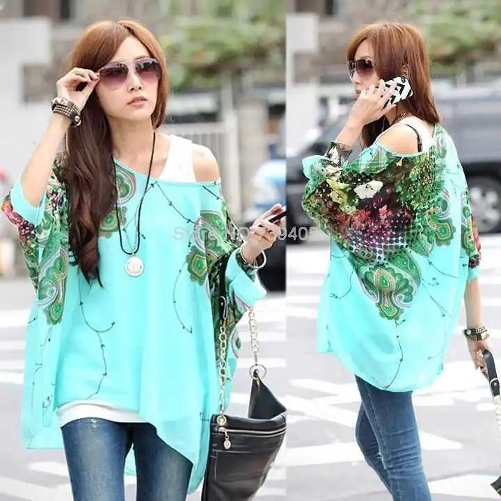 New 2014 Summer Women Bohemian Shirts Blouses Three Quarter Batwing Sleeve Chiffon Tops Large Size Loose Clothing L XL | Женская одежда