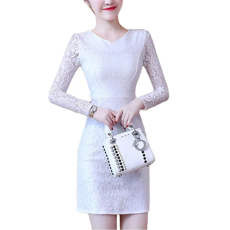 

Women Spring Autumn Style Lace Straight Dresses Lady Vintage Elegant Long Sleeve Stand Collar Dress Vestidos DF1981