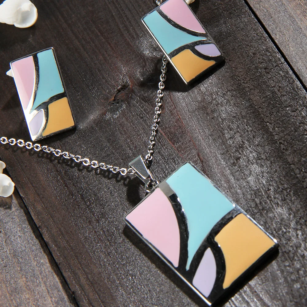 Titanium stainless steel Jewelry Sets Accessories Jewellery rectangle Earrings chain necklace set For Women | Украшения и