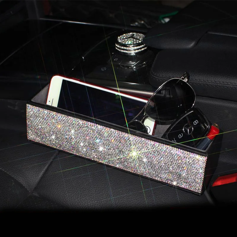 

Rhinestone Crystal Leather Car Seat Crevice Storage Box Multi-purpose Auto Gap Organizers Pocket Car Seat Gap Store Content Box