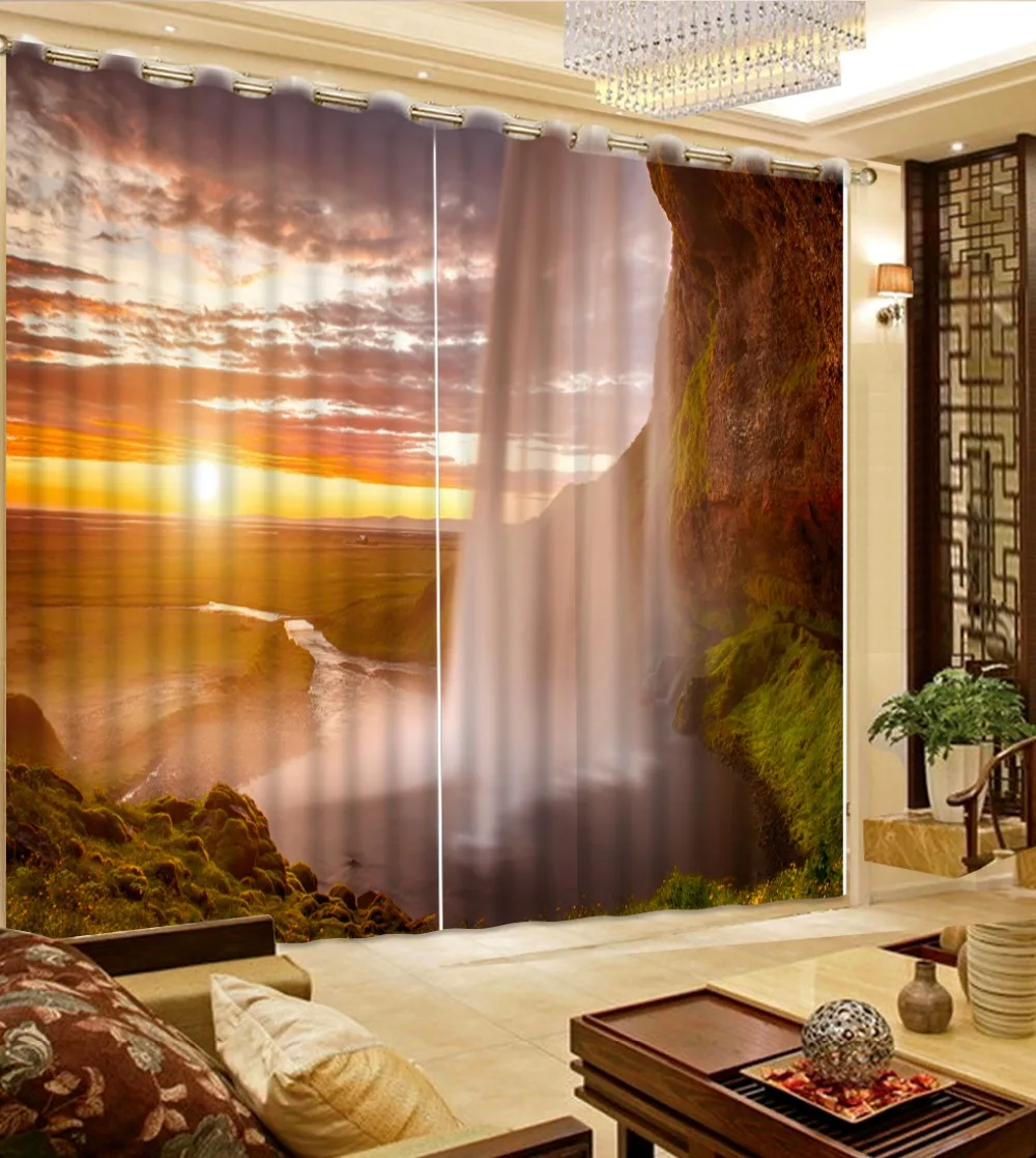 

Sunset grassland waterfall curtains Scenery Digital Photo Printing Blackout 3D Curtains for Living Room Bedding Drapes Cortinas