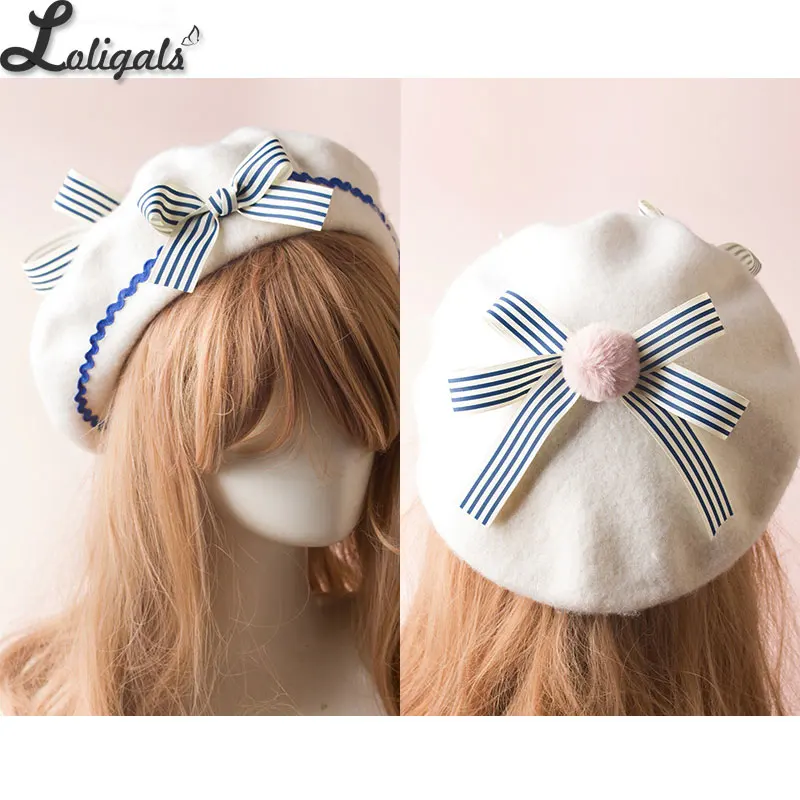 Beige Blue Сладкий женский Лолита Сейлор берет Готический шерстяной берет шляпа с милыми бантами для зимы - Цвет: Beige Blue