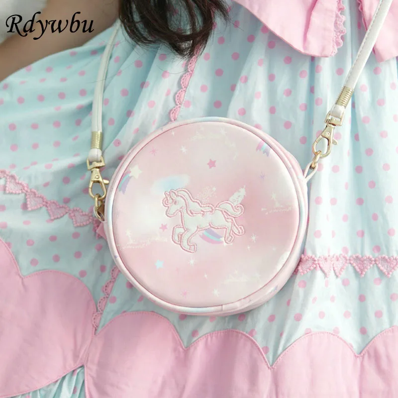 

Rdywbu Japan Unicorn Lovely Small Round Handbag Cartoon Messenger Bag Simple Cute Mini Lolita Girl Shoulder Bag Phone Purse B740