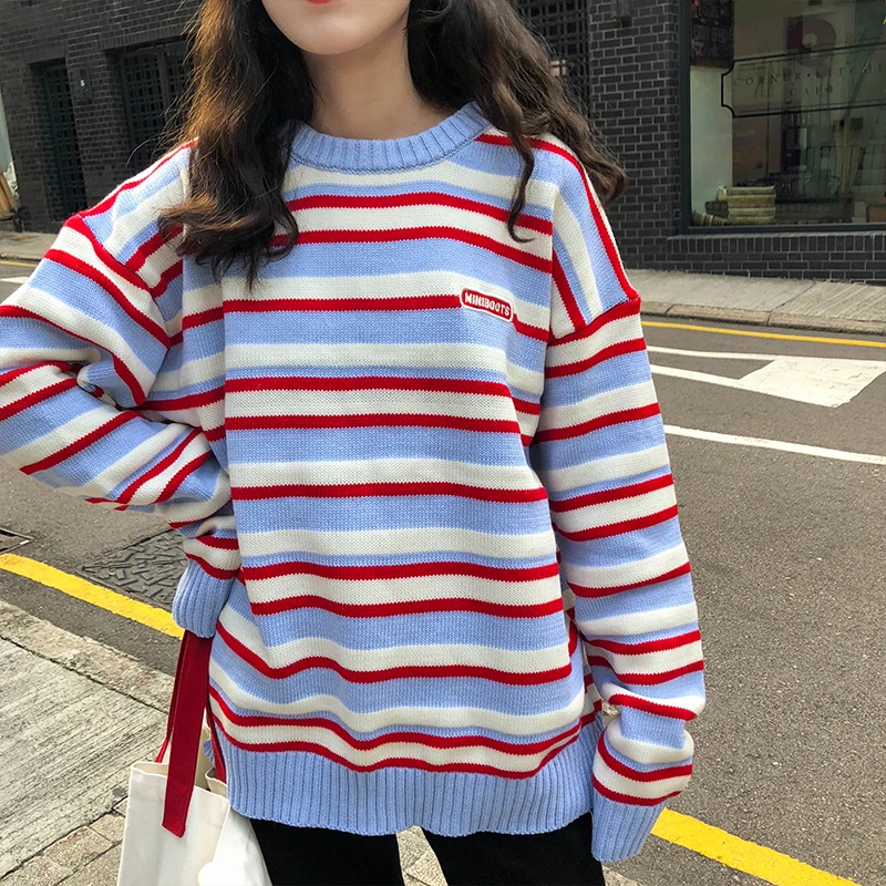 Women's Clothing Cute Kawaii Retro Lazy Ins Embroidery Letters Loose Striped Sweater Lady Harajuku Ulzzang Sweaters For Women | Женская