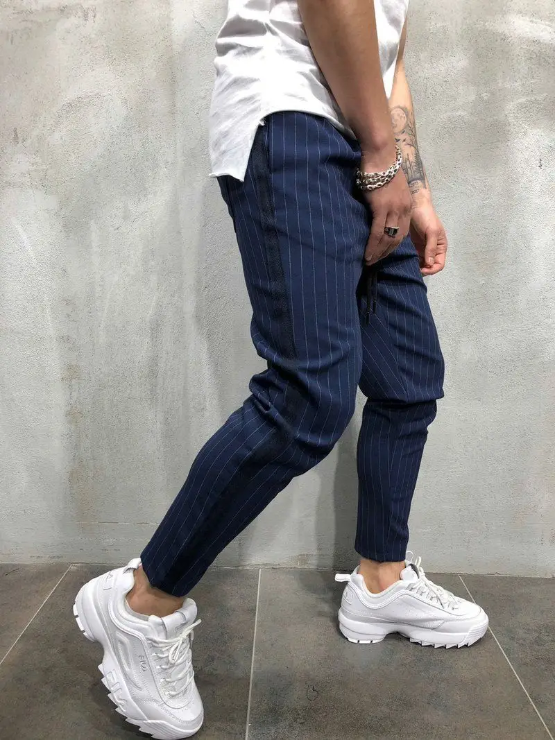 Мужские модные обтягивающие полосатые длинные брюки Slim Fit прямые повседневные