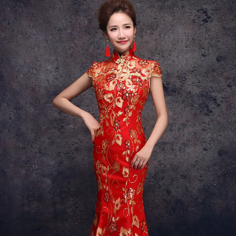 Красный и золотой Китайский традиционный свадебный длинный вечерний Новый