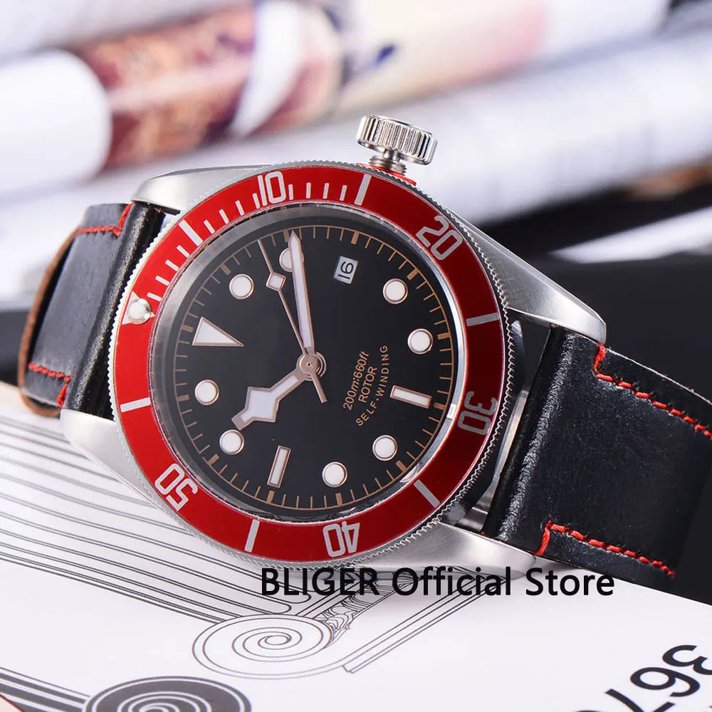 41mm BLIGER Automatic men's watch black sterile dial sapphire glass red bezel 20ATM 21 jewels MIYOTA movement BC16 | Наручные часы