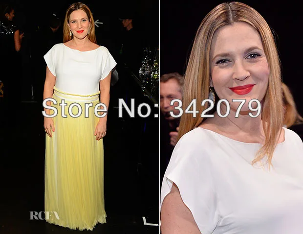Ph12156 Дрю Бэрримор 2014 народный Choice Awards белый T-shirt-стиль лиф желтый шифон вечернее